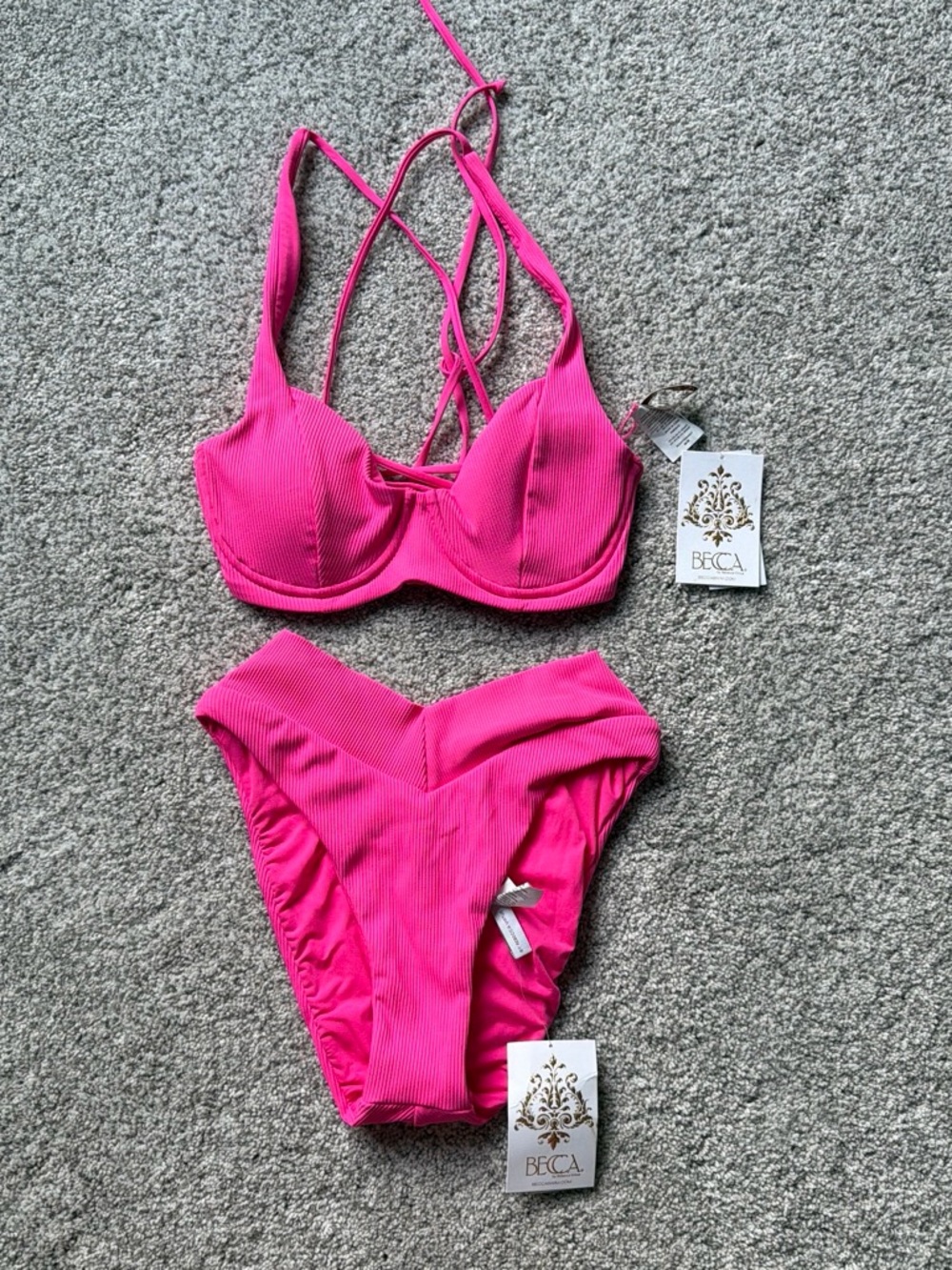 BECCA Bright Pink Ribbed Underwire Bikini Set